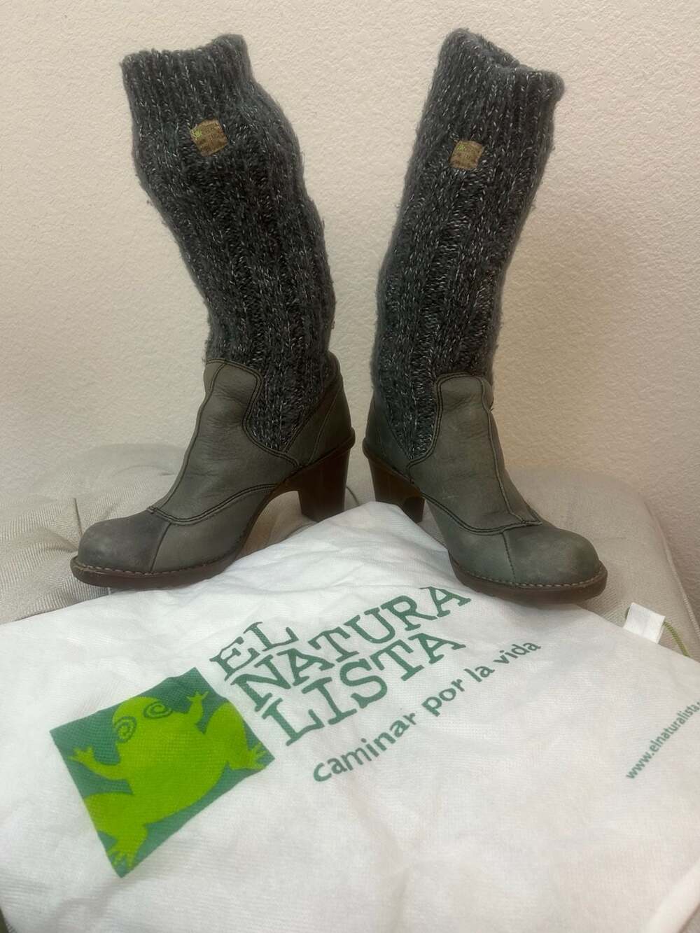El Naturalista Gray Leather and Wool Knit Cuff Heeled Boots